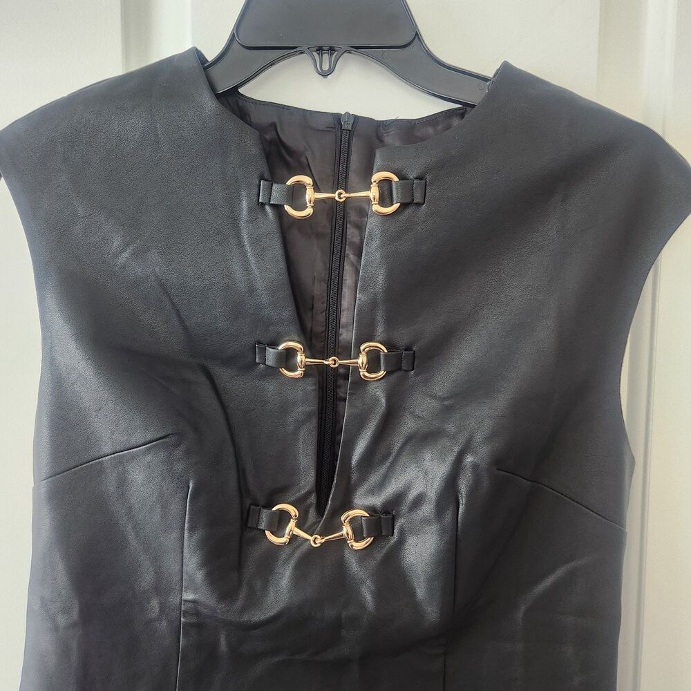 NWT COMMENSE Faux Leather Buckle Mini Dress Sleeveless V Neck Party Club Black M - Picture 4 of 11